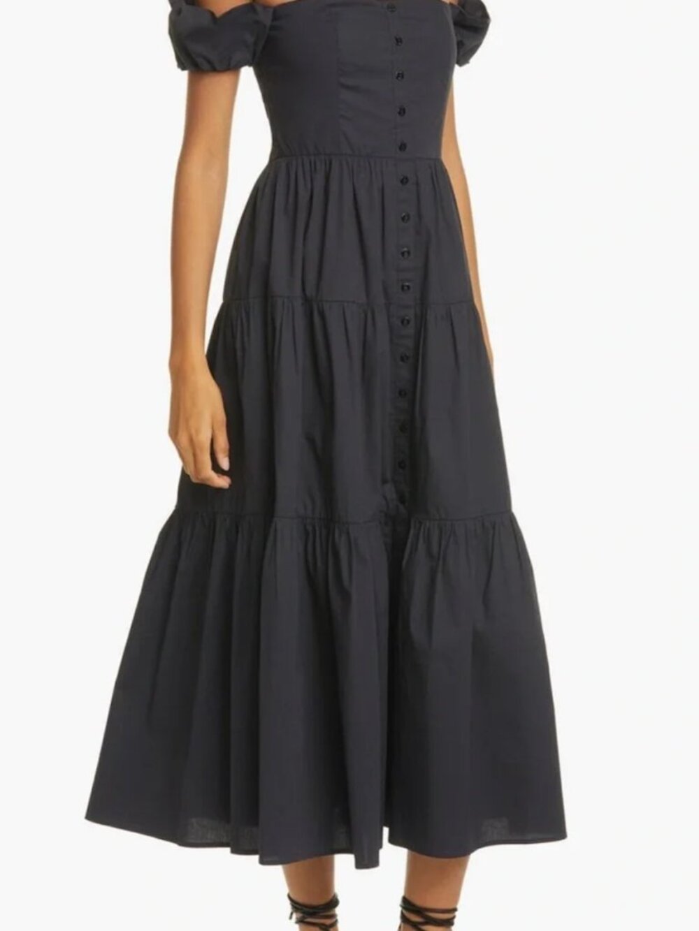 STAUD Elio Off-Shoulder Black Tiered Button-Front Maxi Dress